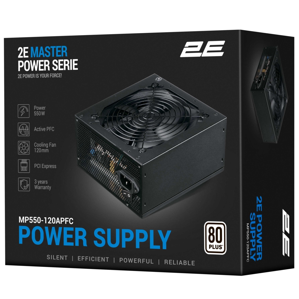Блок питания 2E Master Power  (550W), >80%, 80+ White, 120мм, 1xMB 24pin(20+4), 1xCPU 8pin(4+4), 3xMolex, 5xSATA, 2xPCIe 8pin(6+2)