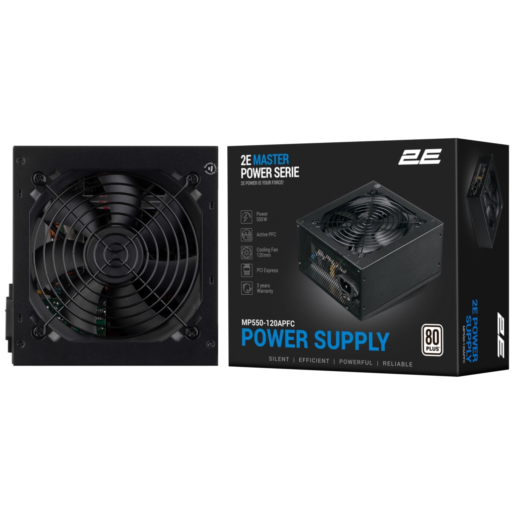Блок питания 2E Master Power  (550W), >80%, 80+ White, 120мм, 1xMB 24pin(20+4), 1xCPU 8pin(4+4), 3xMolex, 5xSATA, 2xPCIe 8pin(6+2)