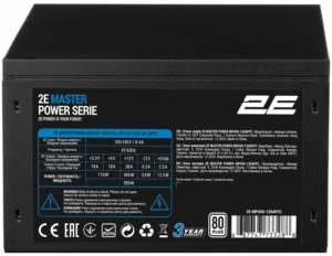 Блок питания 2E Master Power  (550W), >80%, 80+ White, 120мм, 1xMB 24pin(20+4), 1xCPU 8pin(4+4), 3xMolex, 5xSATA, 2xPCIe 8pin(6+2)
