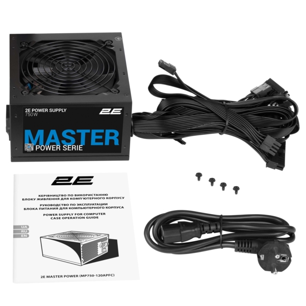 Блок питания 2E Master Power  (750W), >80%, 80+ White, 120мм, 1xMB 24pin(20+4), 1xCPU 8pin(4+4), 3xMolex, 5xSATA, 4xPCIe 8pin(6+2)