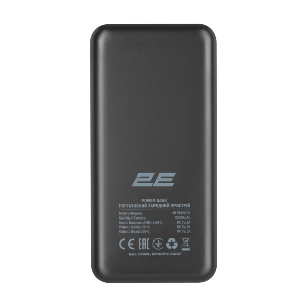 Акумулятор портативний літій-іонний Power Bank 2E 20000мА·год, PD, QC 18Вт, чорний