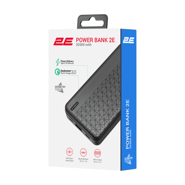 Акумулятор портативний літій-іонний Power Bank 2E Geometry 20000мА·год, 18Вт, PD, QC, чорний