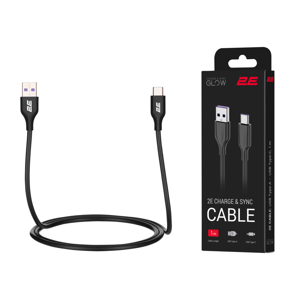Кабель USB-A > USB-C заряджання/синхронізації 2E 1м, Type-C, Glow, чорний