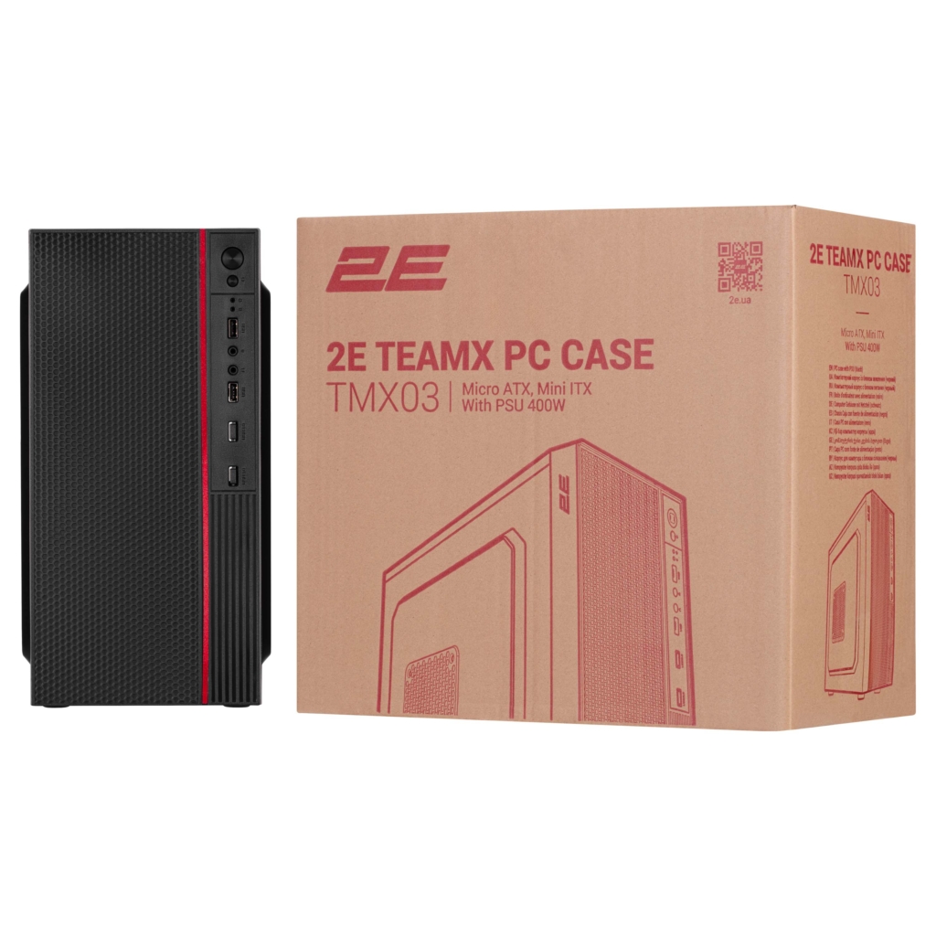 Корпус 2E TeamX TMX03 с БП 2E ATX400W, 2xUSB2.0, 1×80мм, VGA 220мм, mATX, чёрный