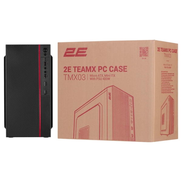 Корпус 2E TeamX TMX03 с БП 2E ATX400W, 2xUSB2.0, 1×80мм, VGA 220мм, mATX, чёрный