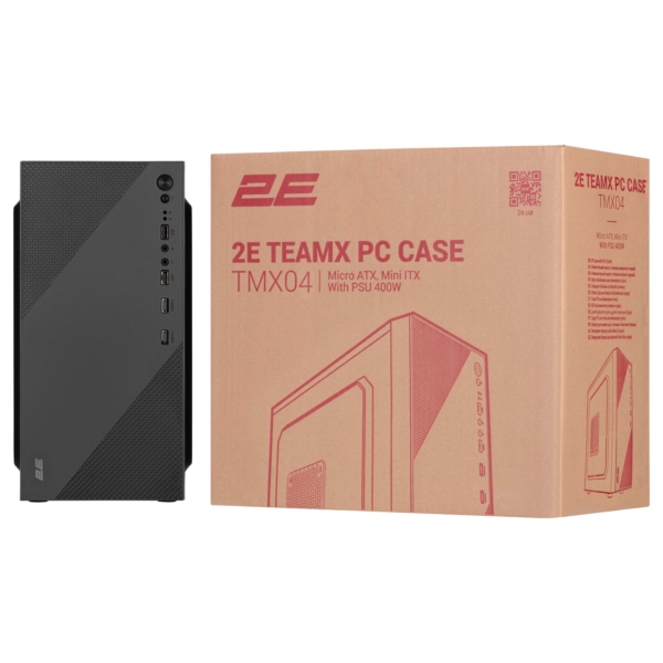 Корпус 2E TeamX TMX04 с БП 2E ATX400W, 2xUSB2.0, 1×80мм, VGA 220мм, mATX, чёрный