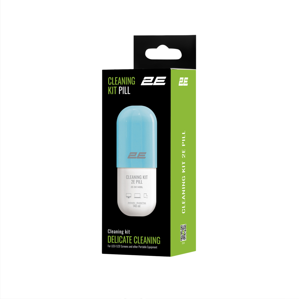 Cleaning kit 2E PILL for office equipment (liquid 140ml, whipe 20cm), white-blue