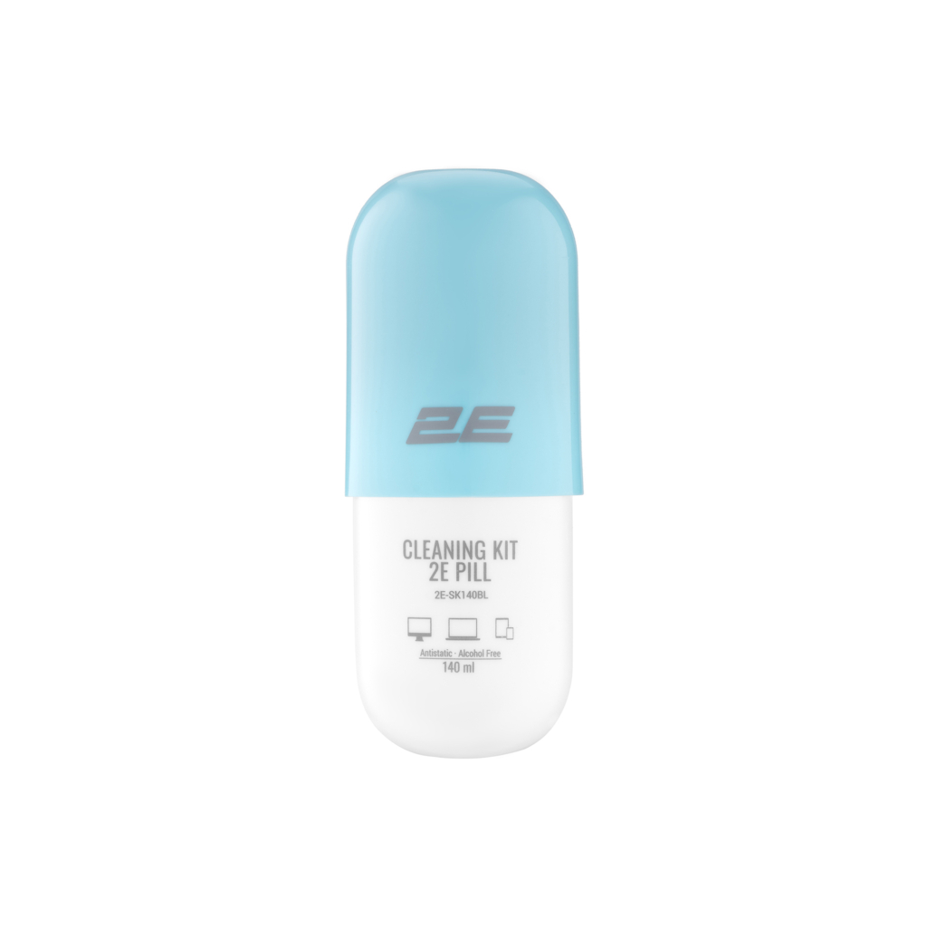 Cleaning kit 2E PILL for office equipment (liquid 140ml, whipe 20cm), white-blue