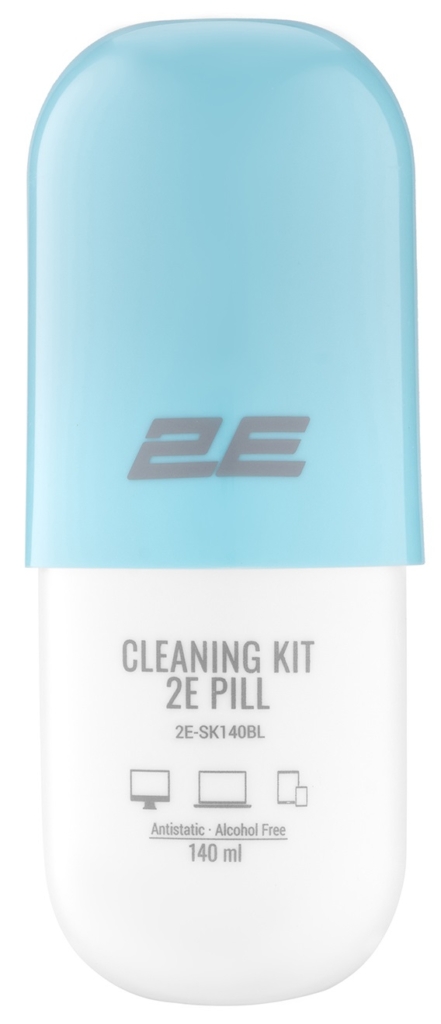 Cleaning kit 2E PILL for office equipment (liquid 140ml, whipe 20cm), white-blue
