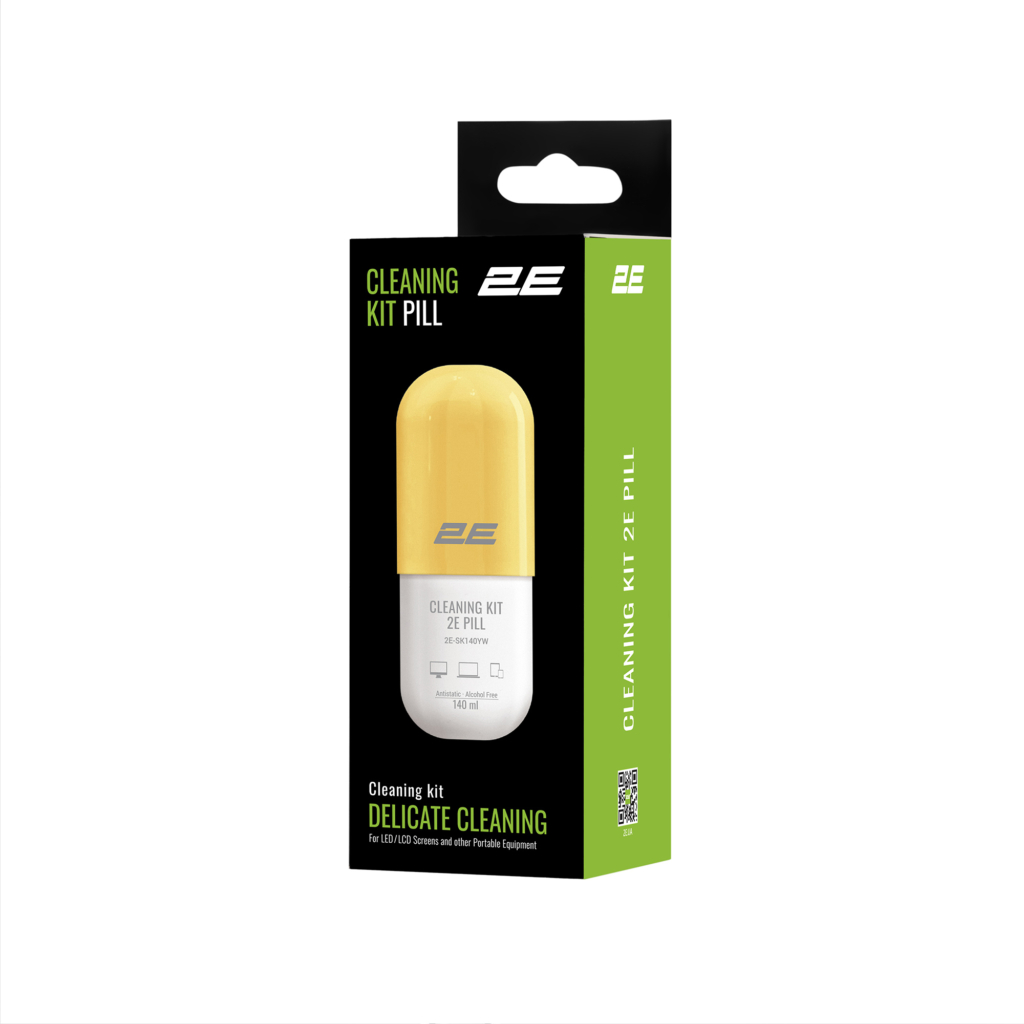 Cleaning kit 2E PILL for office equipment (liquid 140ml, whipe 20cm), white-yellow