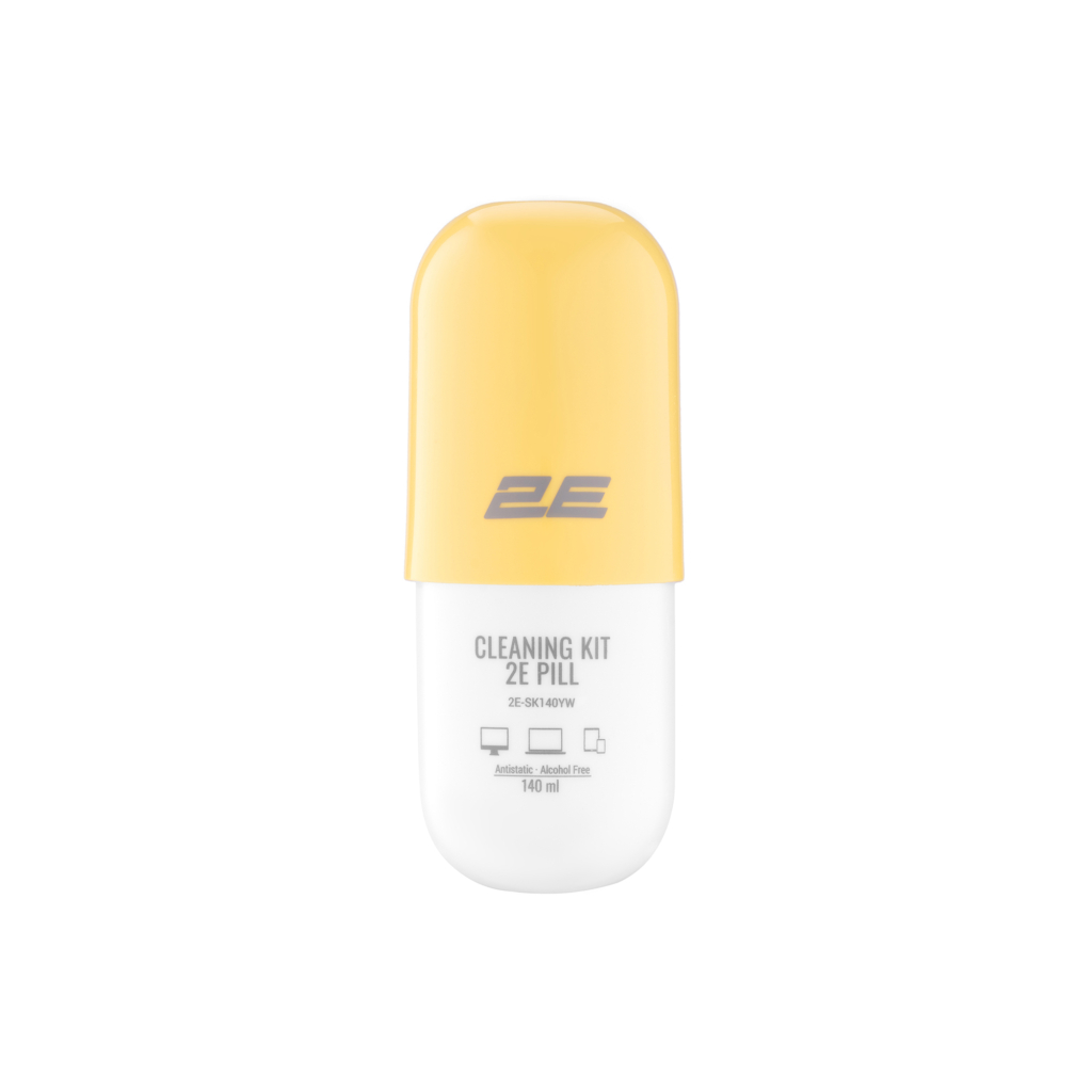 Cleaning kit 2E PILL for office equipment (liquid 140ml, whipe 20cm), white-yellow