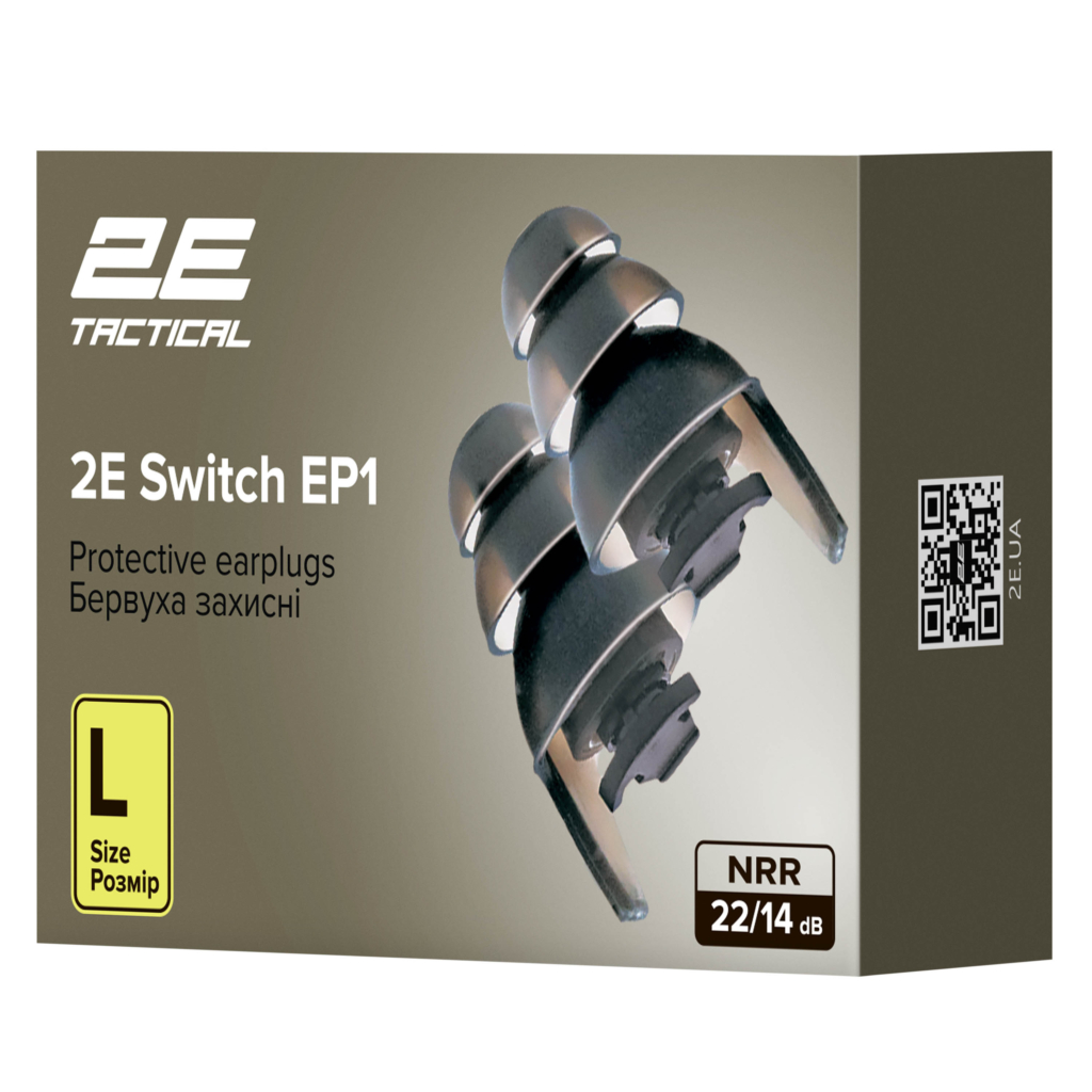 2E Tactical Protective earplugs Switch EP1 Black with a switch, size L, NRR 22/14 dB, passive
