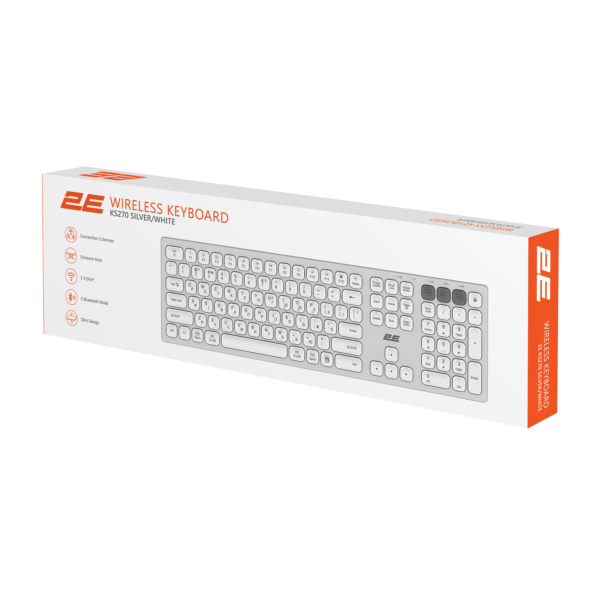 Клавіатура ножнична 2E KS270 109key, WL/BT, EN/UK, сріблясто-білий