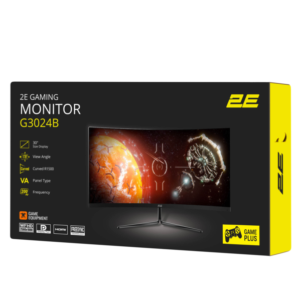 Монітор 2E GAMING 30″ G3024B 2xHDMI, DP, Audio, VA, 2560×1080, 21:9, 200Hz, 1ms, CURVED, FreeSync