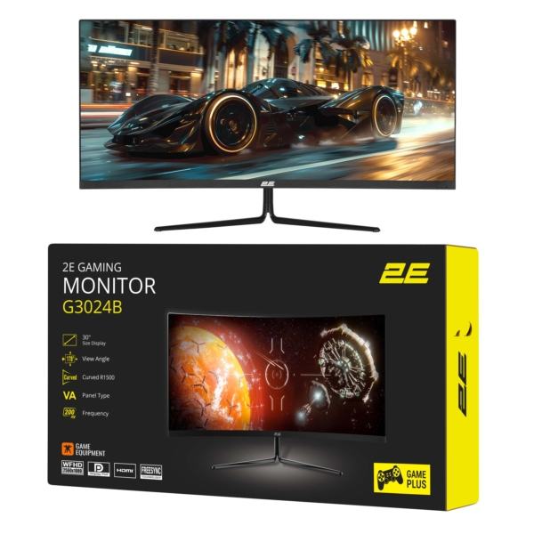 Монітор 2E GAMING 30″ G3024B 2xHDMI, DP, Audio, VA, 2560×1080, 21:9, 200Hz, 1ms, CURVED, FreeSync