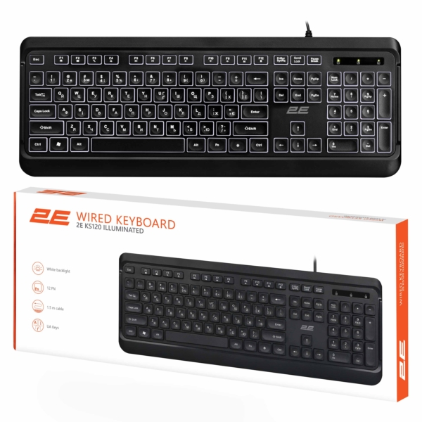 2E Keyboard membrane KS120 104key, USB-A, EN/UK, White LED, black