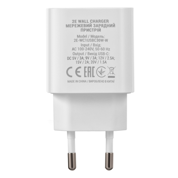 Зарядний пристрій мережевий 2E 30Вт USB-C PD, білий