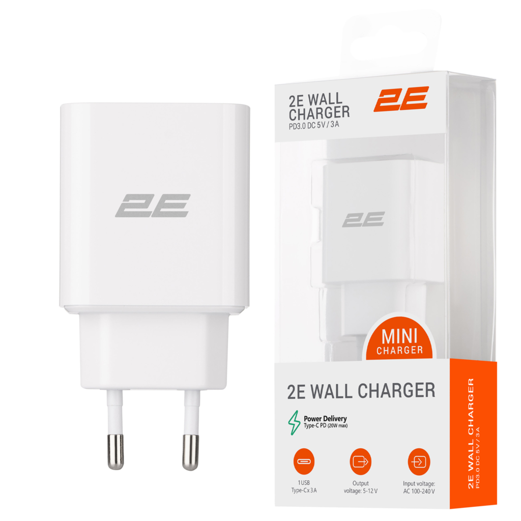 Зарядное устройство сетевое 2E 20Вт USB-C PD, белый