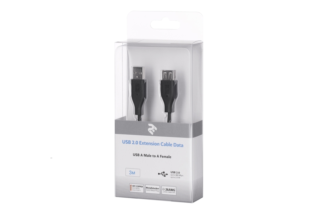 Кабель USB-A > USB-AF заряджання/синхронізації 2E 3м, чорний
