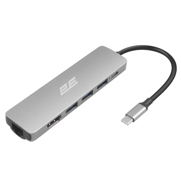 2E Hub USB-С > 2хUSB-A 2.0/USB-A 3.0/USB-C PD/HDMI/Ethernet, 0.15m, silver