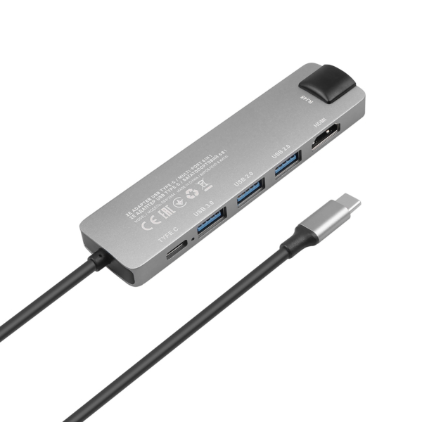 2E Hub USB-С > 2хUSB-A 2.0/USB-A 3.0/USB-C PD/HDMI/Ethernet, 0.15m, silver