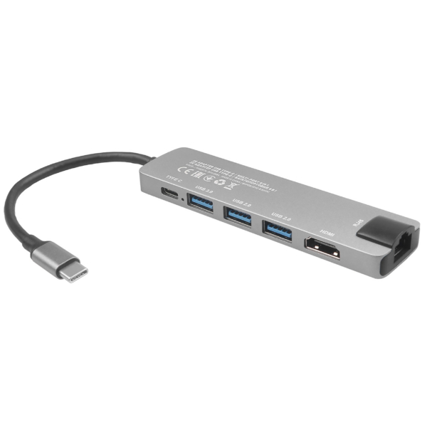 2E Hub USB-С > 2хUSB-A 2.0/USB-A 3.0/USB-C PD/HDMI/Ethernet, 0.15m, silver