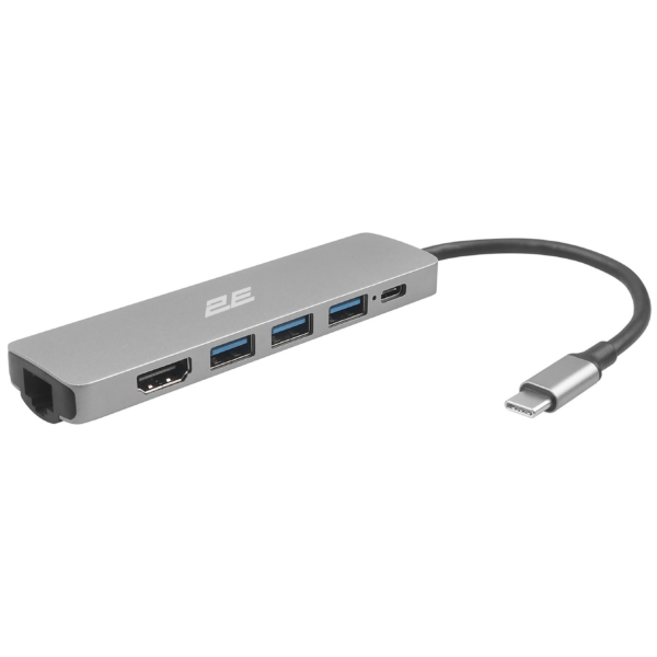 2E Hub USB-С > 2хUSB-A 2.0/USB-A 3.0/USB-C PD/HDMI/Ethernet, 0.15m, silver