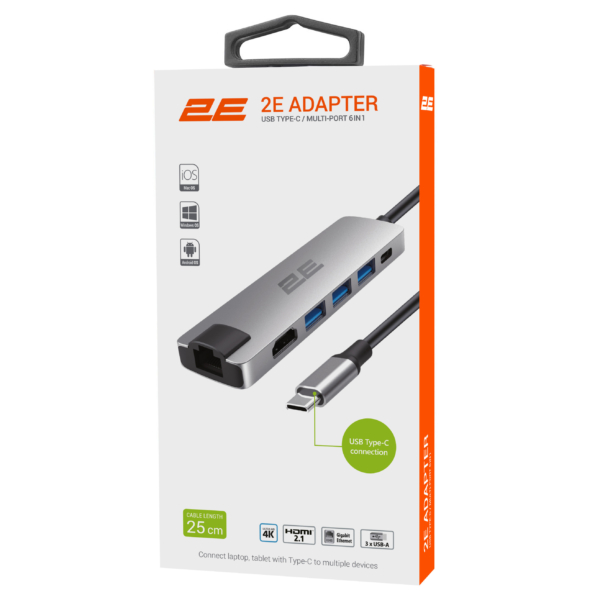 2E Hub USB-С > 2хUSB-A 2.0/USB-A 3.0/USB-C PD/HDMI/Ethernet, 0.15m, silver