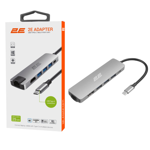 2E Hub USB-С > 2хUSB-A 2.0/USB-A 3.0/USB-C PD/HDMI/Ethernet, 0.15m, silver