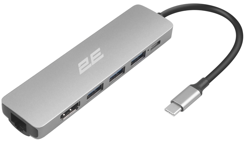 Хаб 2E USB-С > 2хUSB-A 2.0/USB-A 3.0/USB-C PD/HDMI/Ethernet, 0.15м, серый