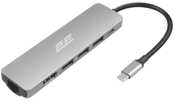 Хаб 2E USB-С > 2хUSB-A 2.0/USB-A 3.0/USB-C PD/HDMI/Ethernet, 0.15м, серый
