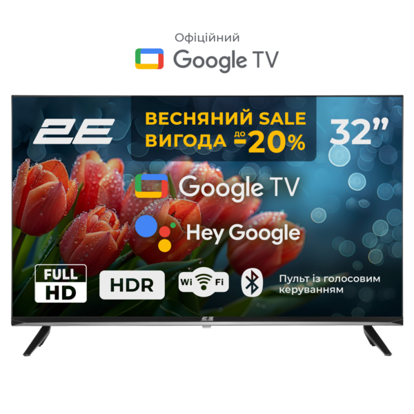 Телевізор 32″ 2E LED FHD 60Hz Smart Google TV Black