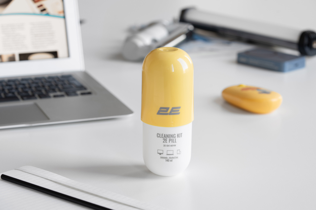 Cleaning kit 2E PILL for office equipment (liquid 140ml, whipe 20cm), white-yellow