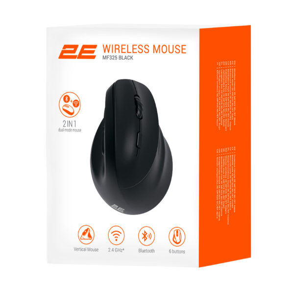 Миша 2E MF325 Silent, WL/BT, вертикальна, чорний