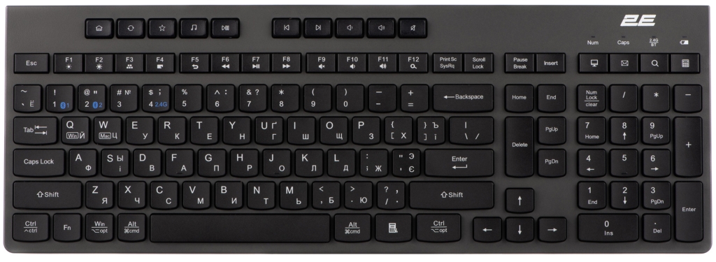 Клавіатура мембранна 2E KS280 120key, WL/BT, EN/UK/RU, silent, чорно-сіра