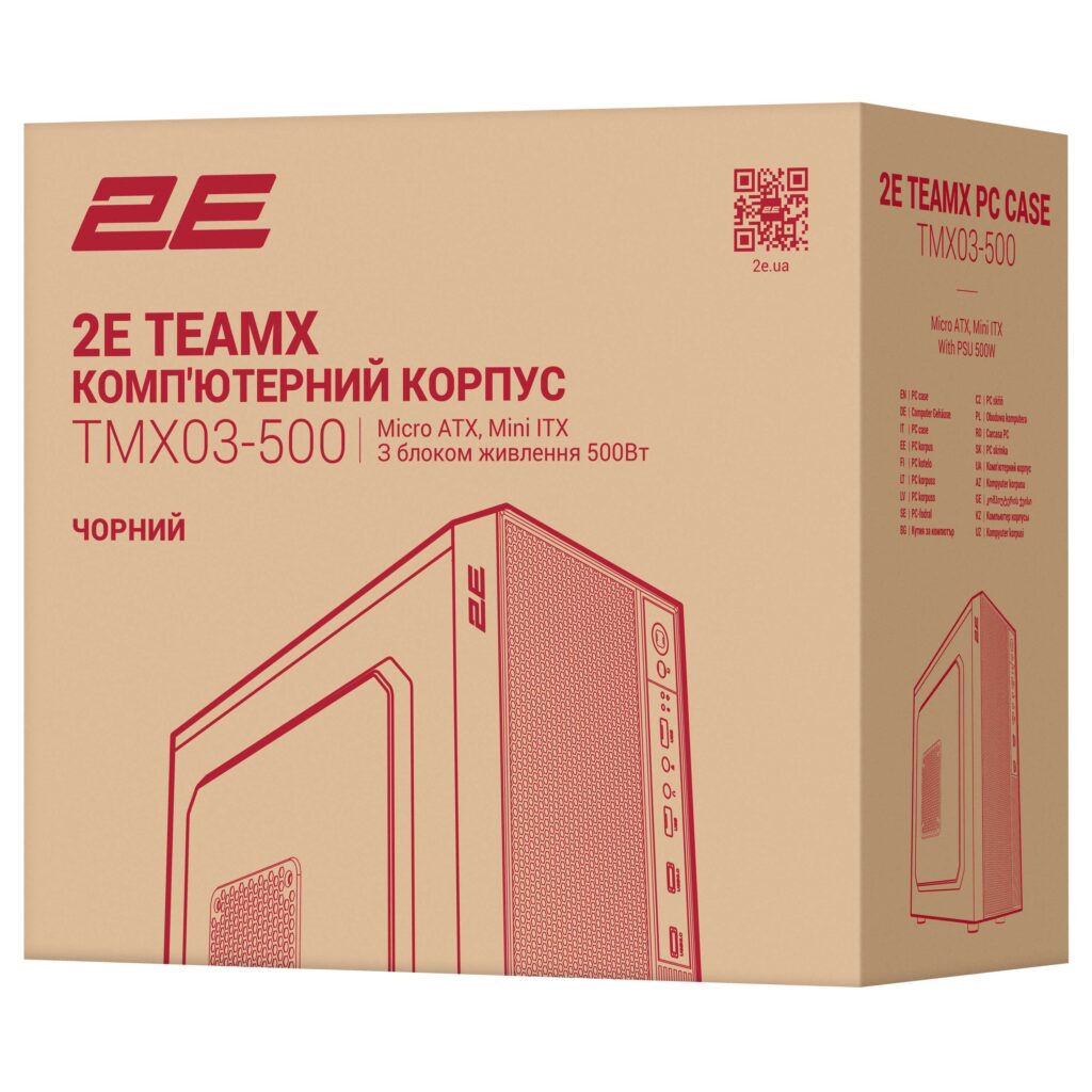 Корпус 2E TeamX TMX03 с БП 2E ATX500W, 2xUSB3.0, 1×80мм, VGA 220мм, mATX, чёрный