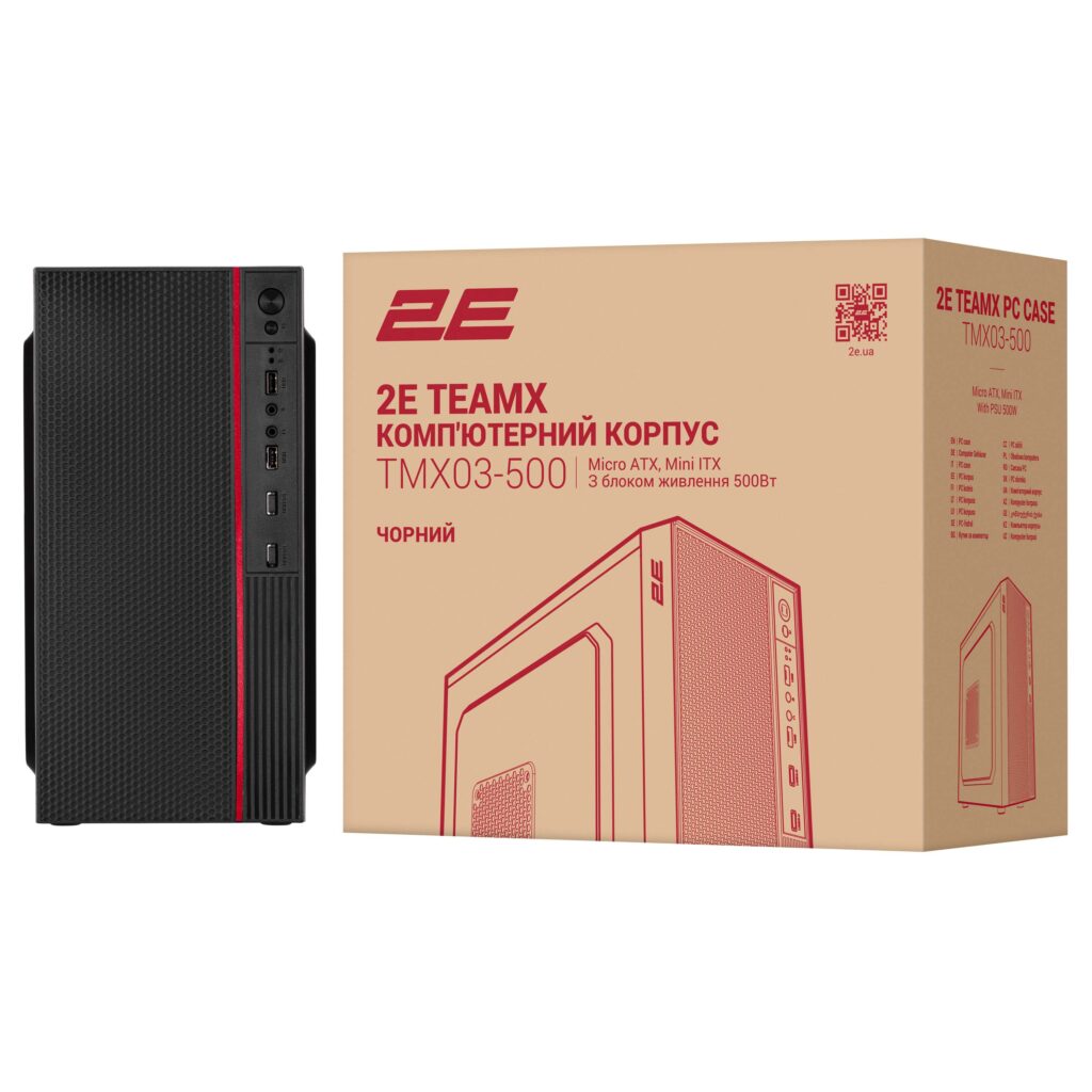 Корпус 2E TeamX TMX03 с БП 2E ATX500W, 2xUSB3.0, 1×80мм, VGA 220мм, mATX, чёрный