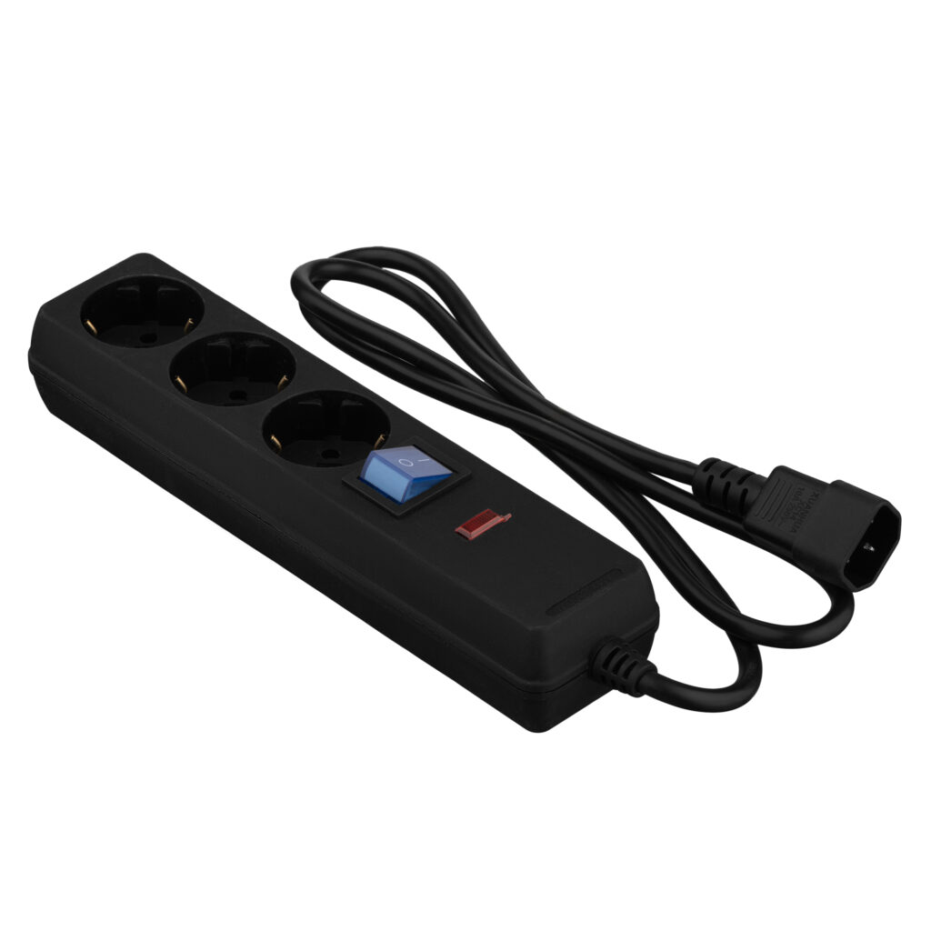 Удлинитель сетевой 2E 3xТип F, 1xC14, 3×1мм кв, 10A, 1м, черный