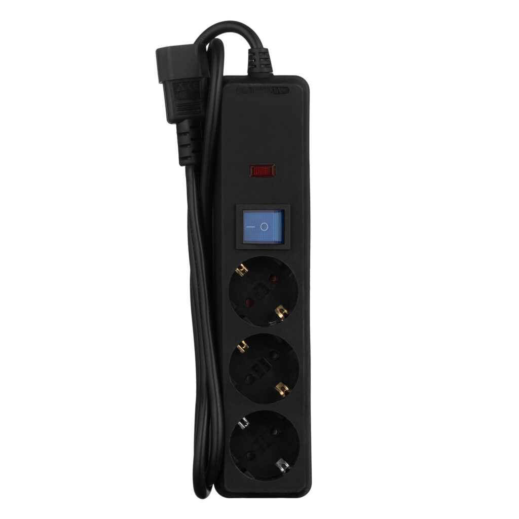 Удлинитель сетевой 2E 3xТип F, 1xC14, 3×1мм кв, 10A, 1м, черный