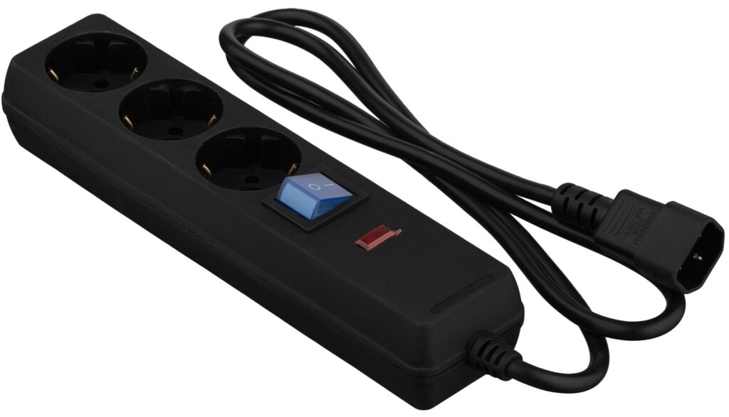 Удлинитель сетевой 2E 3xТип F, 1xC14, 3×1мм кв, 10A, 1м, черный