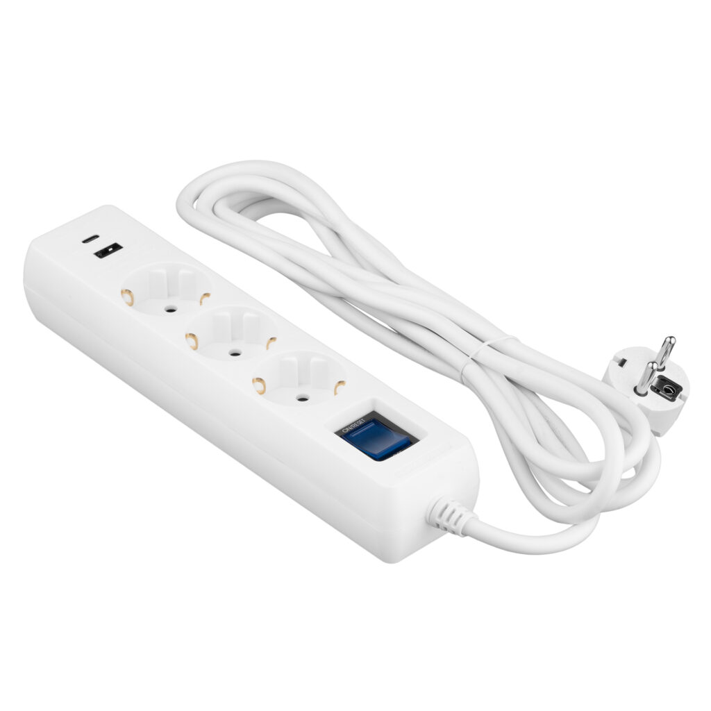 Удлинитель-фильтр сетевой 2E 3xТип F, 3×1.5мм кв, 16A, 1xUSB-A, 1xUSB-C, с защитой от перенапряжения, 3м, белый