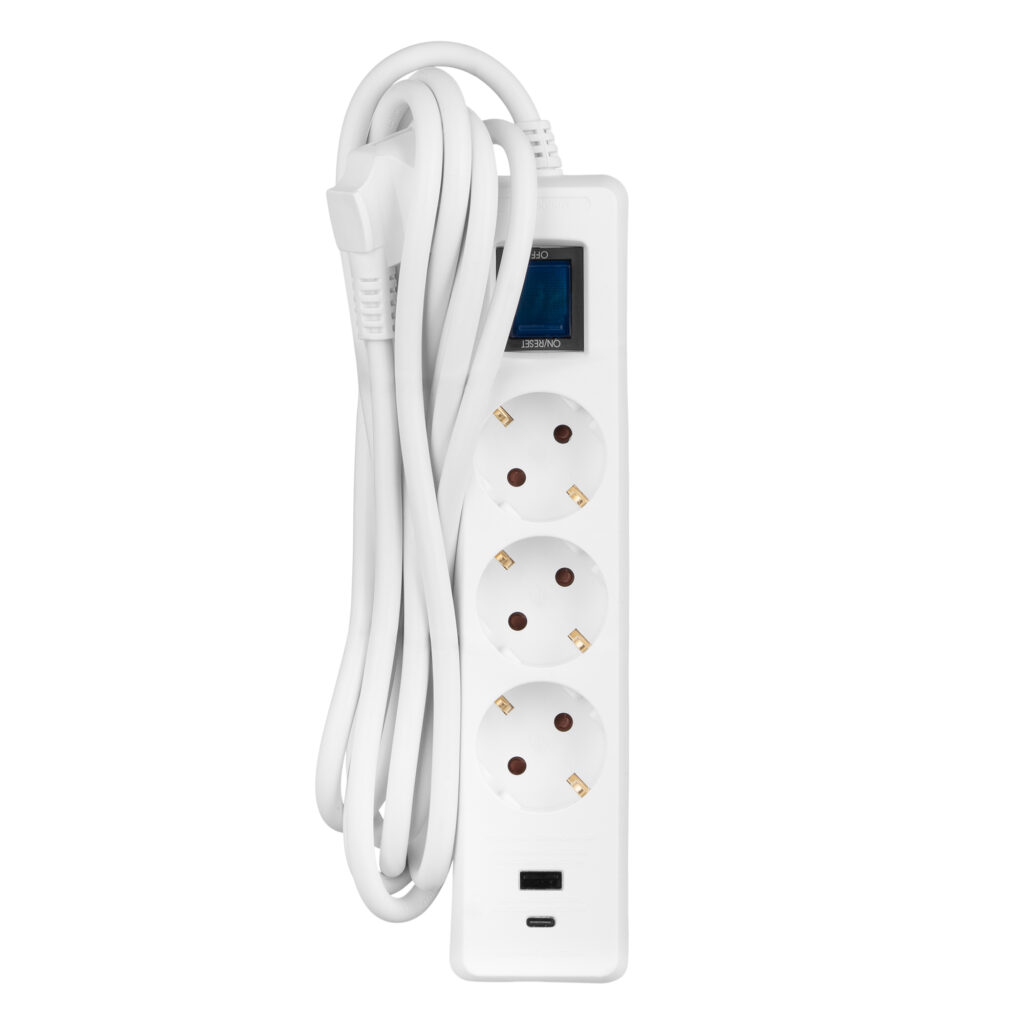 Удлинитель-фильтр сетевой 2E 3xТип F, 3×1.5мм кв, 16A, 1xUSB-A, 1xUSB-C, с защитой от перенапряжения, 3м, белый