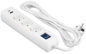 Удлинитель-фильтр сетевой 2E 3xТип F, 3×1.5мм кв, 16A, 1xUSB-A, 1xUSB-C, с защитой от перенапряжения, 3м, белый