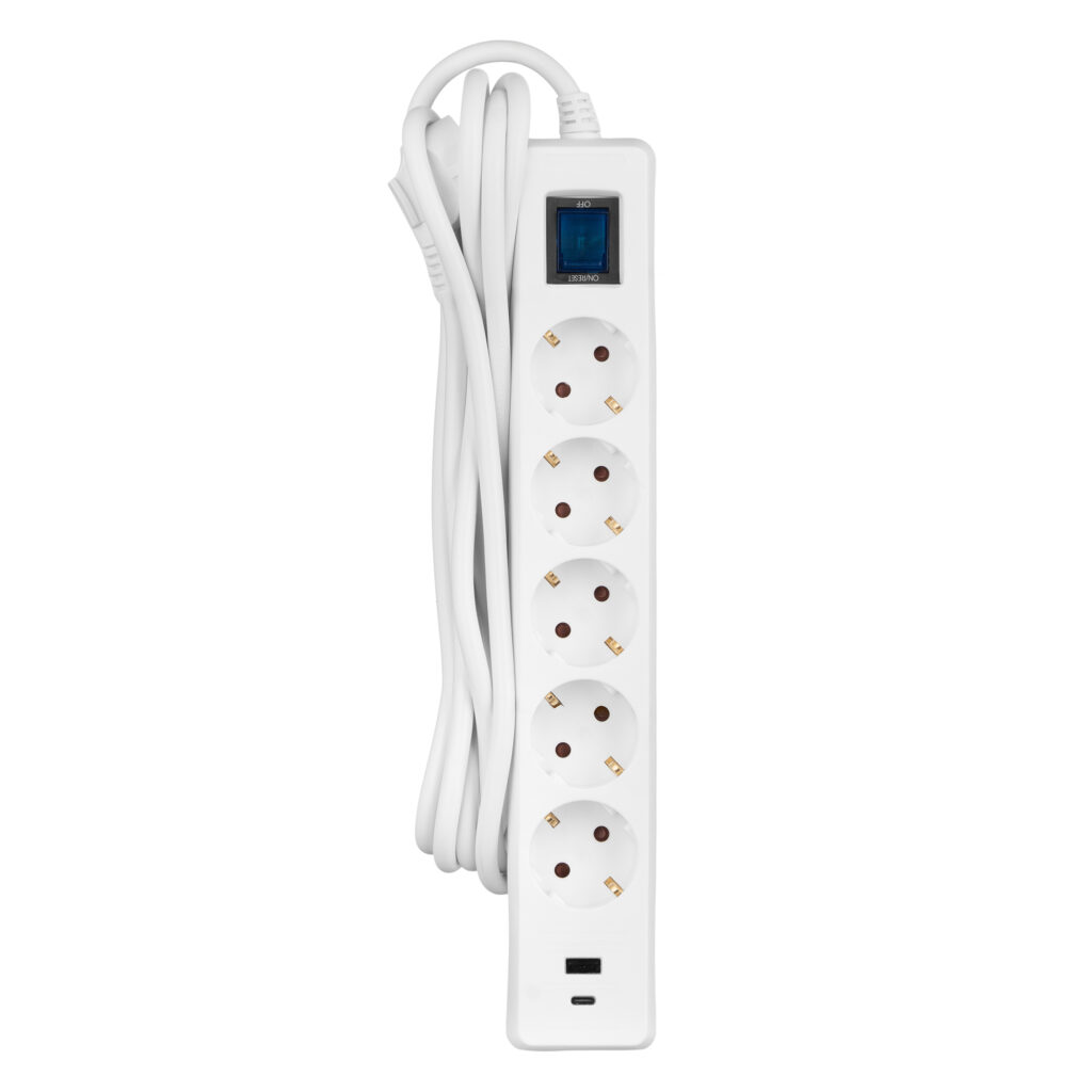 Удлинитель-фильтр сетевой 2E 5xТип F, 3×1.5мм кв, 16A, 1xUSB-A, 1xUSB-C, с защитой от перенапряжения, 3м, белый