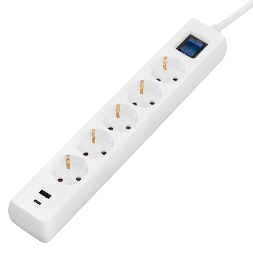Удлинитель-фильтр сетевой 2E 5xТип F, 3×1.5мм кв, 16A, 1xUSB-A, 1xUSB-C, с защитой от перенапряжения, 3м, белый