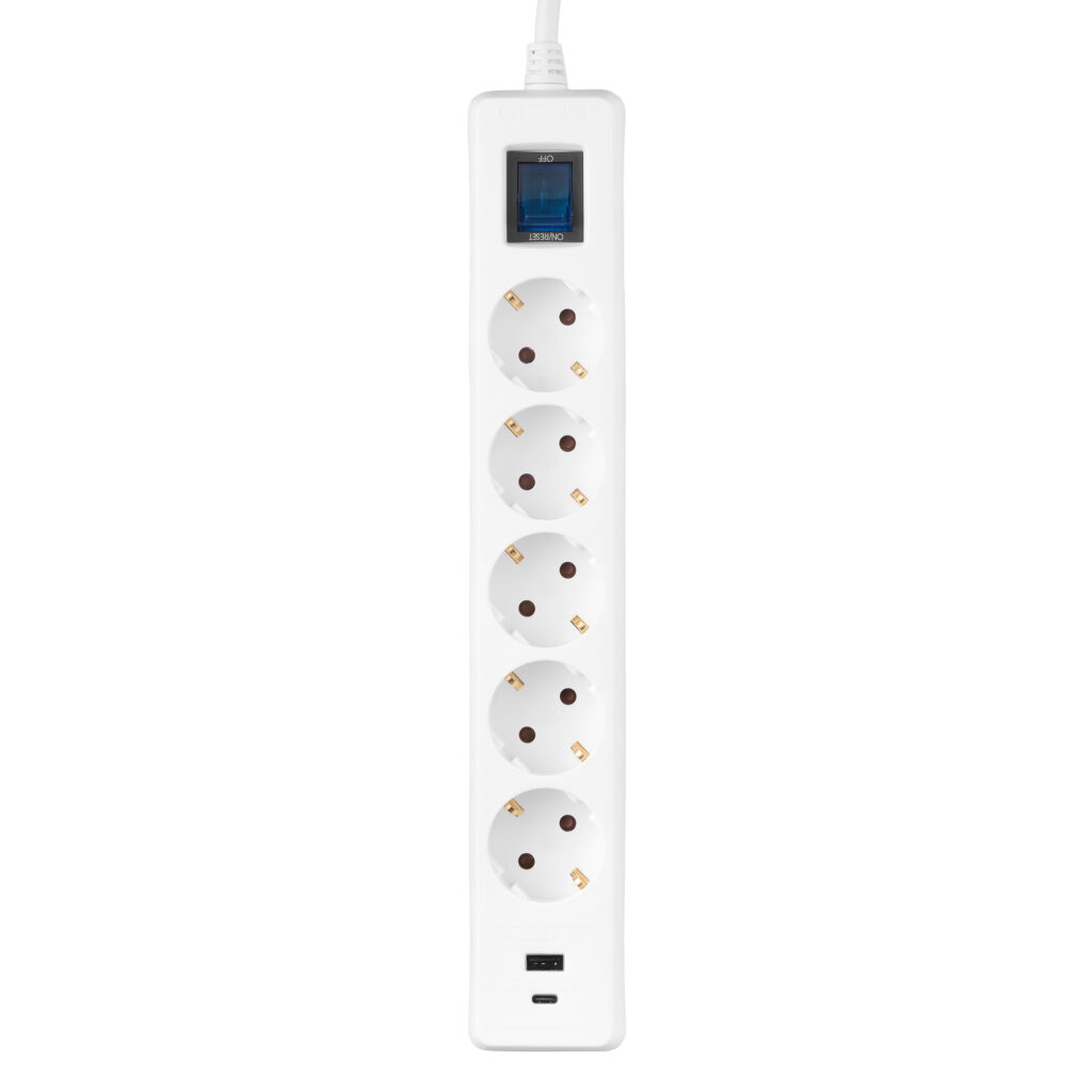 Удлинитель-фильтр сетевой 2E 5xТип F, 3×1.5мм кв, 16A, 1xUSB-A, 1xUSB-C, с защитой от перенапряжения, 3м, белый