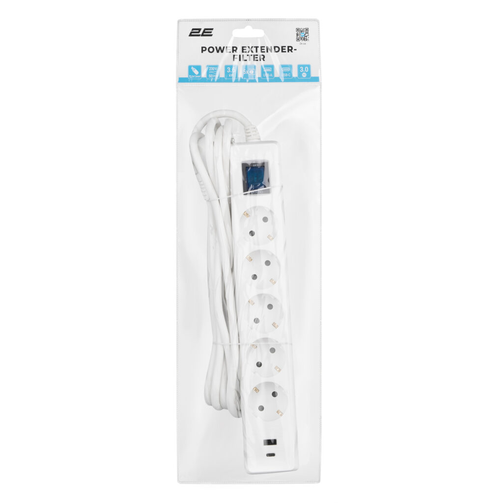 Удлинитель-фильтр сетевой 2E 5xТип F, 3×1.5мм кв, 16A, 1xUSB-A, 1xUSB-C, с защитой от перенапряжения, 3м, белый