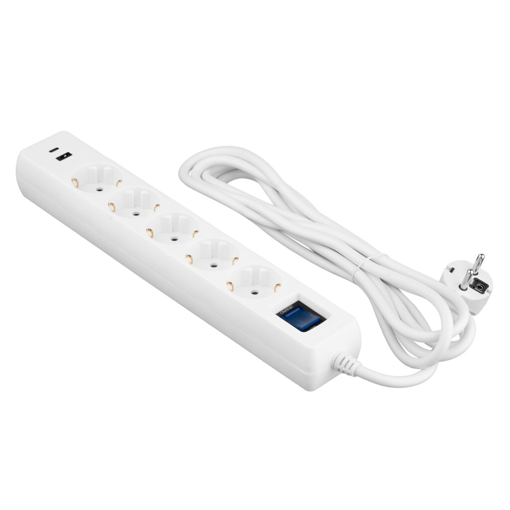 Удлинитель-фильтр сетевой 2E 5xТип F, 3×1.5мм кв, 16A, 1xUSB-A, 1xUSB-C, с защитой от перенапряжения, 3м, белый
