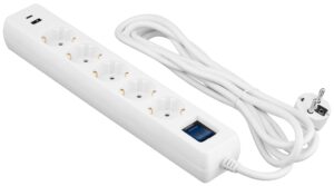 Удлинитель-фильтр сетевой 2E 5xТип F, 3×1.5мм кв, 16A, 1xUSB-A, 1xUSB-C, с защитой от перенапряжения, 3м, белый