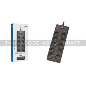 Power strip with surge protector 2E 10xType F, 3×1.5mm2, 16A, 3xUSB-A, 1xUSB-C, 3m, blach